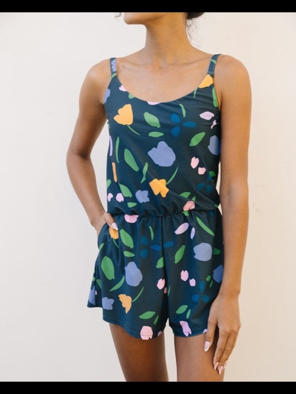 Designer Floral Navy Scoop-Neck One-Piece Swim Romper